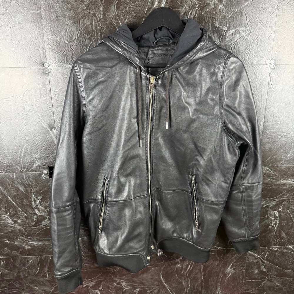 Diesel Men's Black Akura Hooded Leather Jacket Medium -Flaws